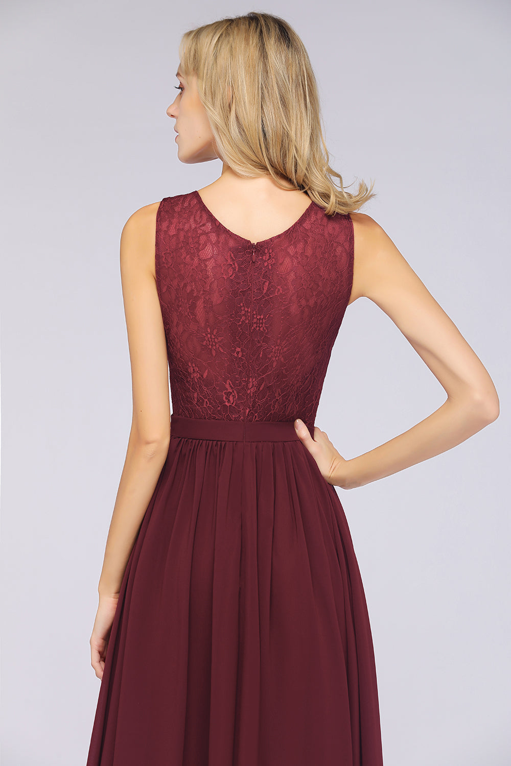 Affordable Burgundy V-Neck Ruffle Bridesmaid Dresses with Lace-Back-Babyonlines
