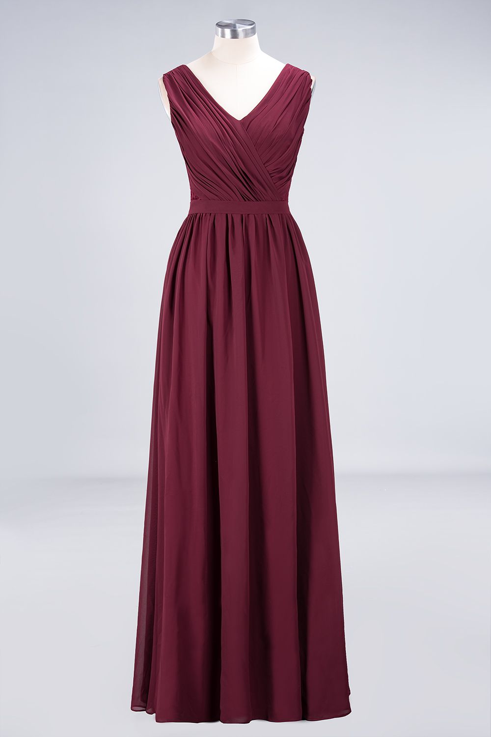 Affordable Burgundy V-Neck Ruffle Bridesmaid Dresses with Lace-Back-Babyonlines