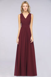 Affordable Burgundy V-Neck Ruffle Bridesmaid Dresses with Lace-Back-Babyonlines