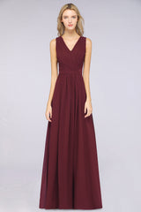Affordable Burgundy V-Neck Ruffle Bridesmaid Dresses with Lace-Back-Babyonlines