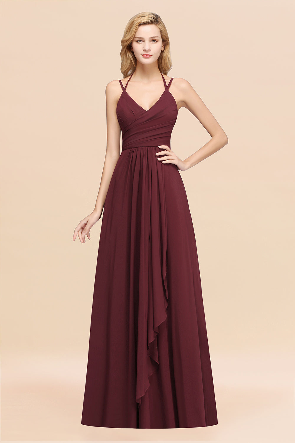 Affordable Chiffon Burgundy Bridesmaid Dress With Spaghetti Straps-Babyonlines