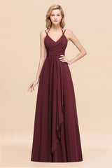 Affordable Chiffon Burgundy Bridesmaid Dress With Spaghetti Straps-Babyonlines