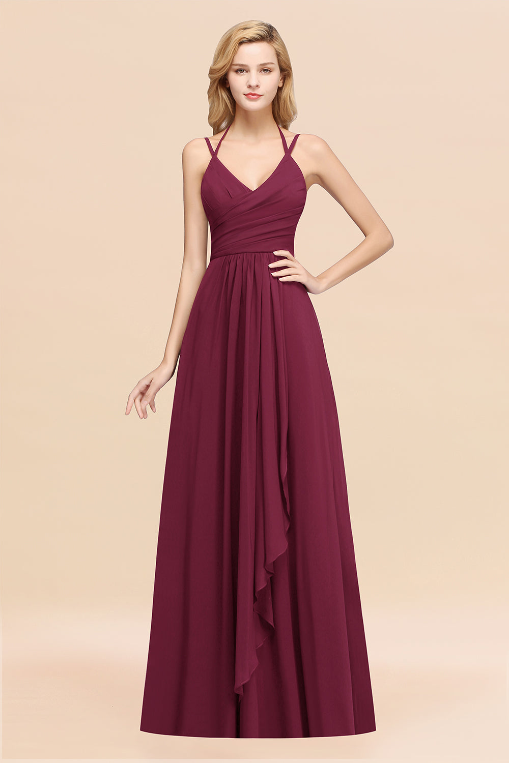 Affordable Chiffon Burgundy Bridesmaid Dress With Spaghetti Straps-Babyonlines