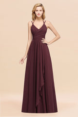 Affordable Chiffon Burgundy Bridesmaid Dress With Spaghetti Straps-Babyonlines