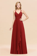 Affordable Chiffon Burgundy Bridesmaid Dress With Spaghetti Straps-Babyonlines