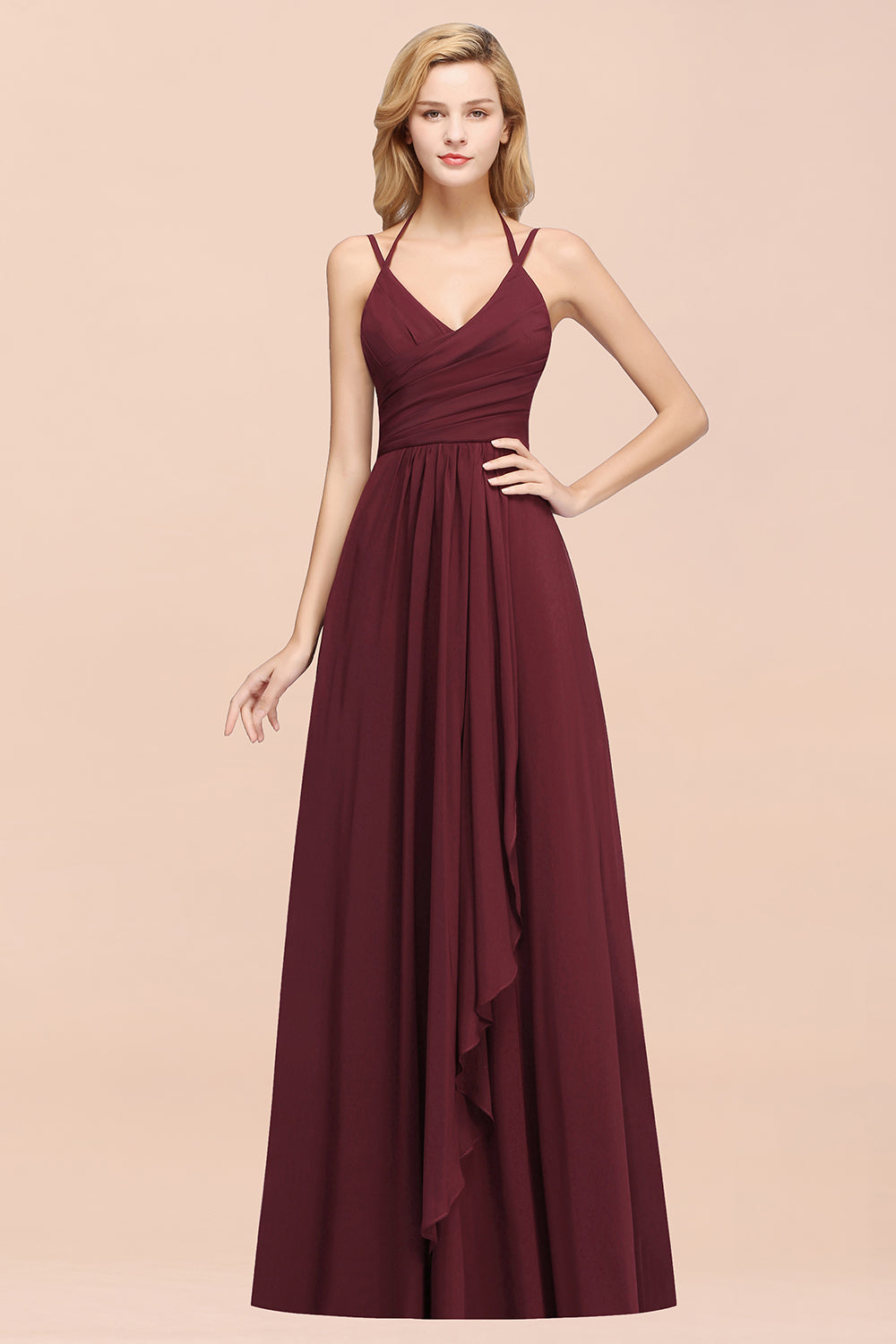 Affordable Chiffon Burgundy Bridesmaid Dress With Spaghetti Straps-Babyonlines