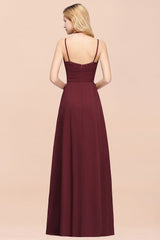 Affordable Chiffon Burgundy Bridesmaid Dress With Spaghetti Straps-Babyonlines