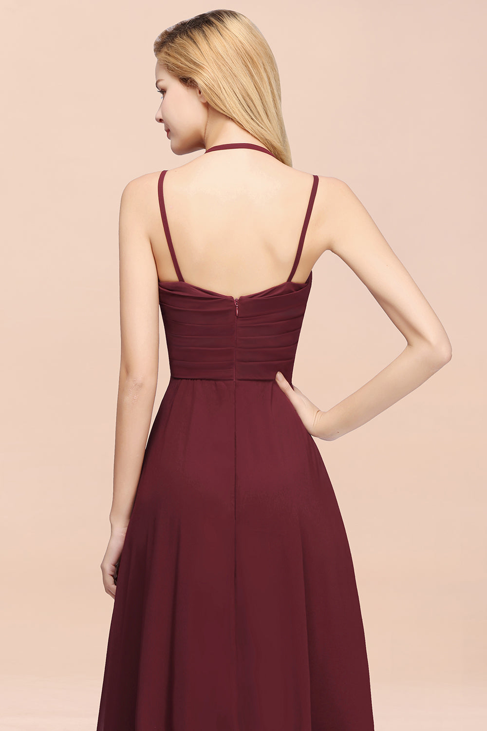 Affordable Chiffon Burgundy Bridesmaid Dress With Spaghetti Straps-Babyonlines