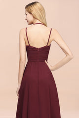 Affordable Chiffon Burgundy Bridesmaid Dress With Spaghetti Straps-Babyonlines
