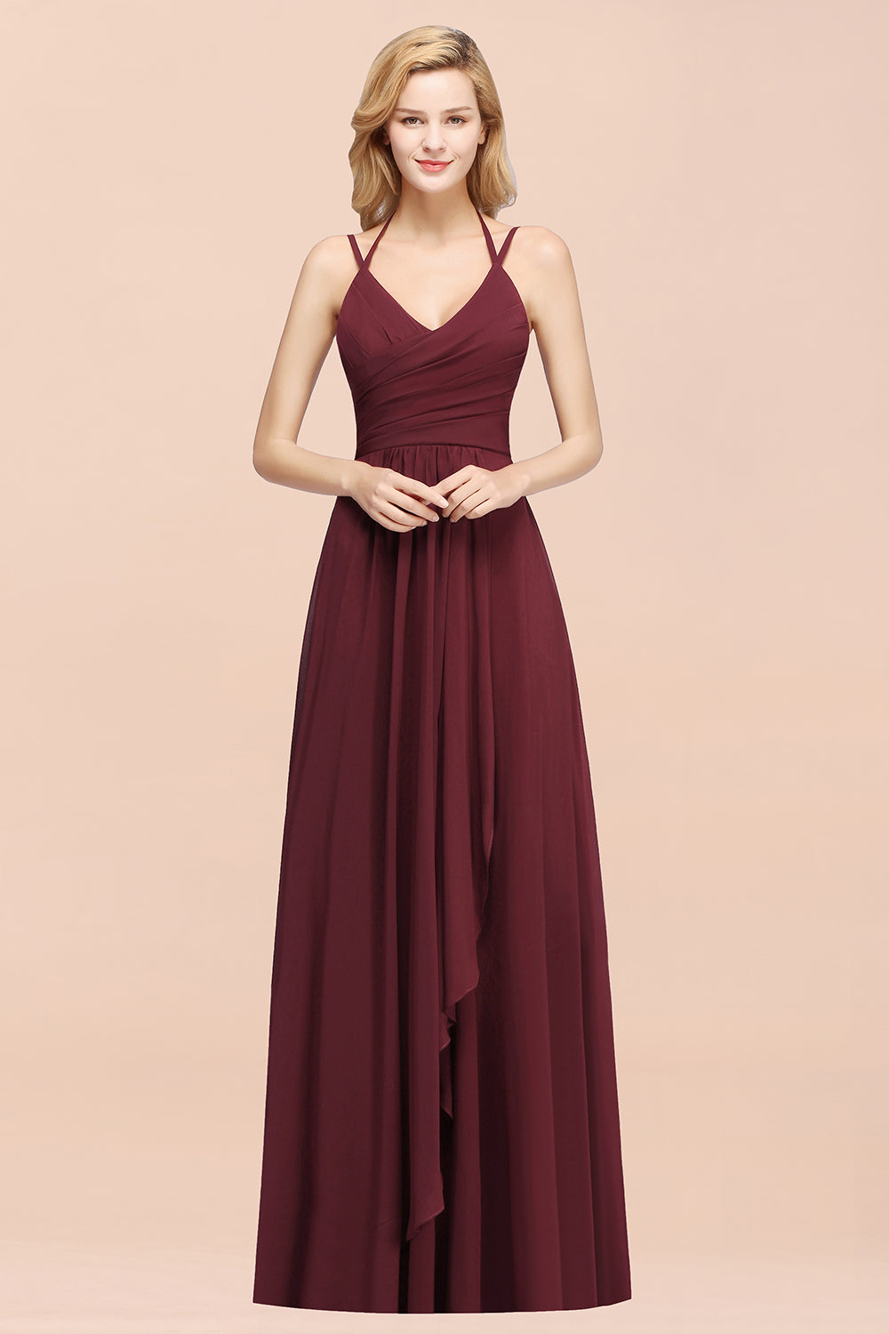 Affordable Chiffon Burgundy Bridesmaid Dress With Spaghetti Straps-Babyonlines
