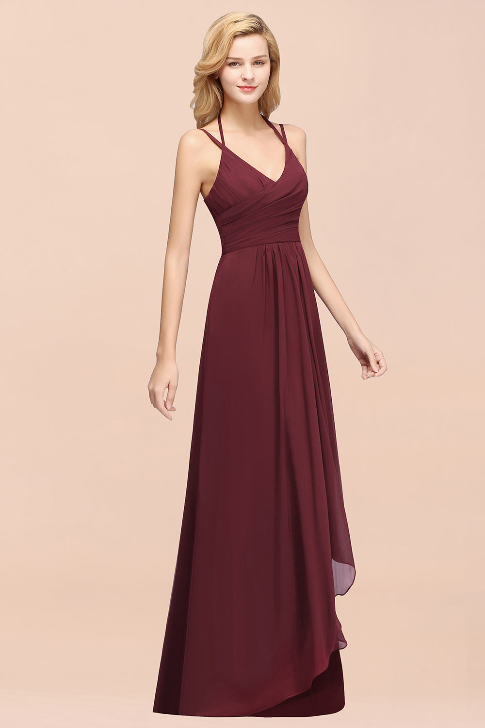 Affordable Chiffon Burgundy Bridesmaid Dress With Spaghetti Straps-Babyonlines