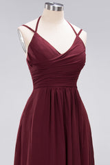 Affordable Chiffon Burgundy Bridesmaid Dress With Spaghetti Straps-Babyonlines