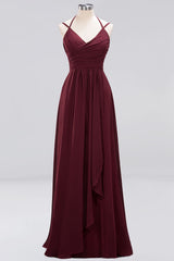 Affordable Chiffon Burgundy Bridesmaid Dress With Spaghetti Straps-Babyonlines