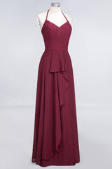 Affordable Chiffon Halter V-Neck Ruffle Burgundy Bridesmaid Dresses-Babyonlines