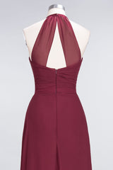 Affordable Chiffon Halter V-Neck Ruffle Burgundy Bridesmaid Dresses-Babyonlines
