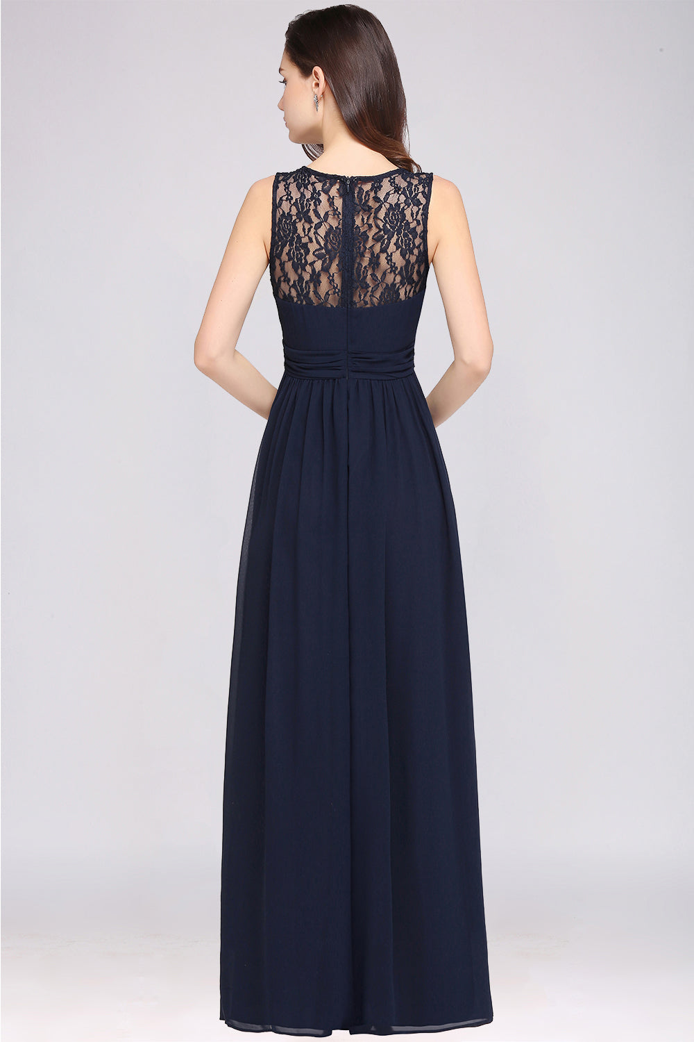 Affordable Chiffon Jewel Sleeveless Lace Bridesmaid Dress Online with Ruffle-Babyonlines