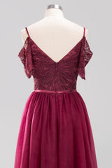Affordable Chiffon Off-the-Shoulder Burgundy Lace Bridesmaid Dresses-Babyonlines