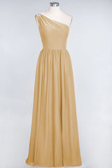 Affordable Chiffon One-Shoulder Ruffle Bridesmaid Dress with Beadings-Babyonlines