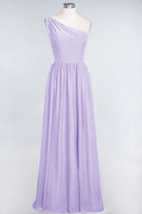 Affordable Chiffon One-Shoulder Ruffle Bridesmaid Dress with Beadings-Babyonlines