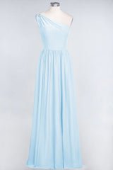 Affordable Chiffon One-Shoulder Ruffle Bridesmaid Dress with Beadings-Babyonlines