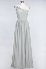 Affordable Chiffon One-Shoulder Ruffle Bridesmaid Dress with Beadings-Babyonlines
