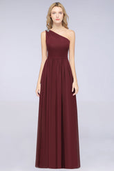 Affordable Chiffon One-Shoulder Ruffle Bridesmaid Dress with Beadings-Babyonlines