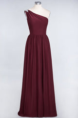 Affordable Chiffon One-Shoulder Ruffle Bridesmaid Dress with Beadings-Babyonlines