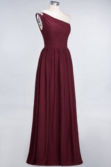 Affordable Chiffon One-Shoulder Ruffle Bridesmaid Dress with Beadings-Babyonlines