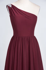 Affordable Chiffon One-Shoulder Ruffle Bridesmaid Dress with Beadings-Babyonlines