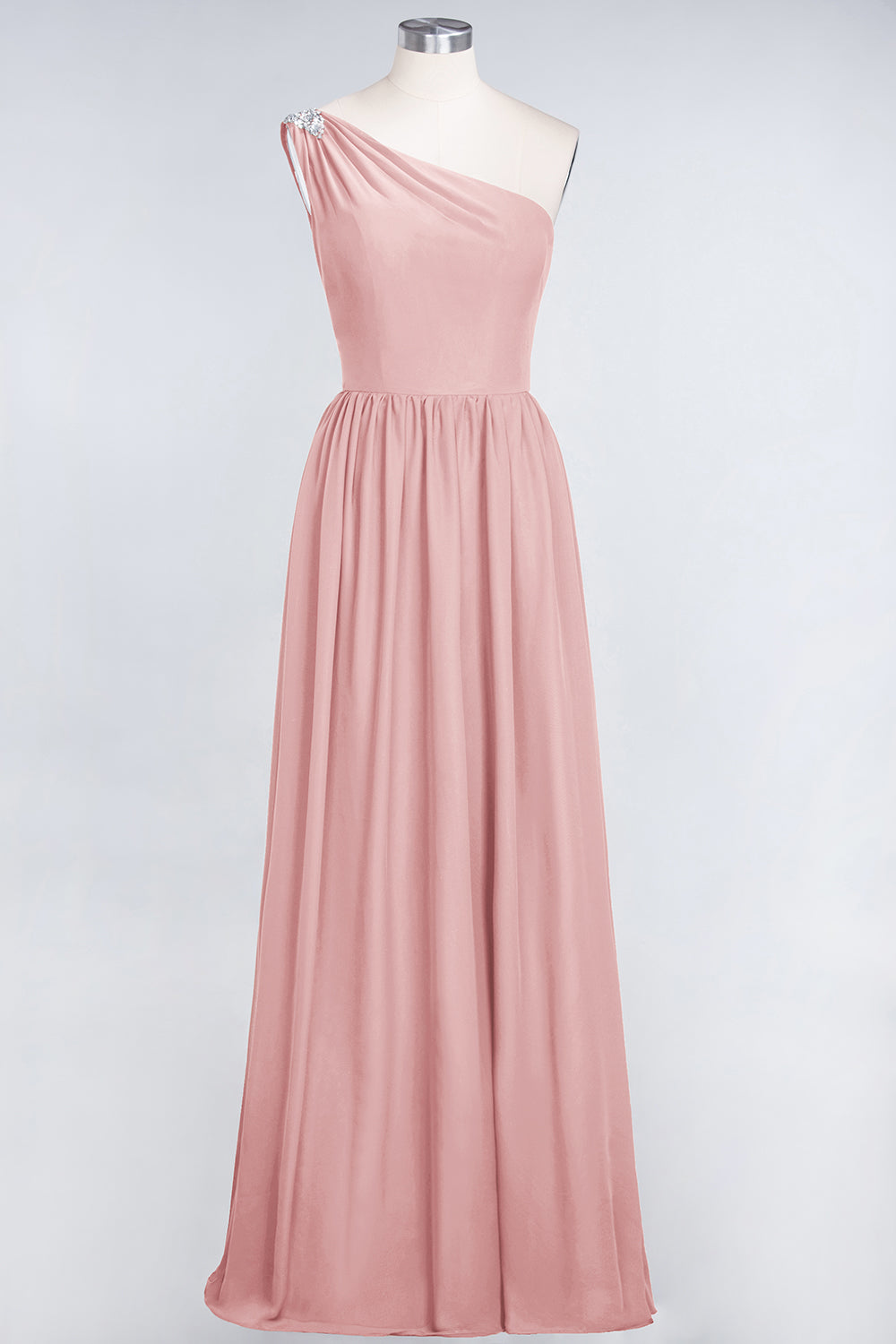 Affordable Chiffon One-Shoulder Ruffle Bridesmaid Dress with Beadings-Babyonlines