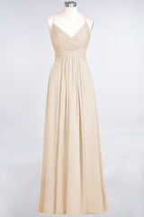 Affordable Chiffon Ruffle V-Neck Bridesmaid Dress with Spaghetti Straps-Babyonlines
