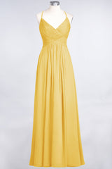 Affordable Chiffon Ruffle V-Neck Bridesmaid Dress with Spaghetti Straps-Babyonlines