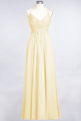 Affordable Chiffon Ruffle V-Neck Bridesmaid Dress with Spaghetti Straps-Babyonlines