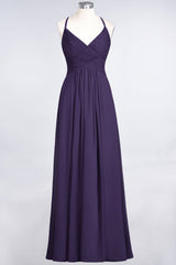 Affordable Chiffon Ruffle V-Neck Bridesmaid Dress with Spaghetti Straps-Babyonlines