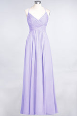 Affordable Chiffon Ruffle V-Neck Bridesmaid Dress with Spaghetti Straps-Babyonlines