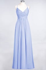 Affordable Chiffon Ruffle V-Neck Bridesmaid Dress with Spaghetti Straps-Babyonlines