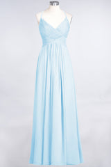 Affordable Chiffon Ruffle V-Neck Bridesmaid Dress with Spaghetti Straps-Babyonlines