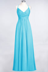 Affordable Chiffon Ruffle V-Neck Bridesmaid Dress with Spaghetti Straps-Babyonlines