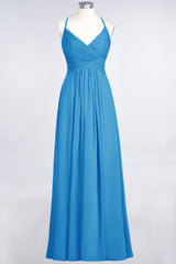 Affordable Chiffon Ruffle V-Neck Bridesmaid Dress with Spaghetti Straps-Babyonlines