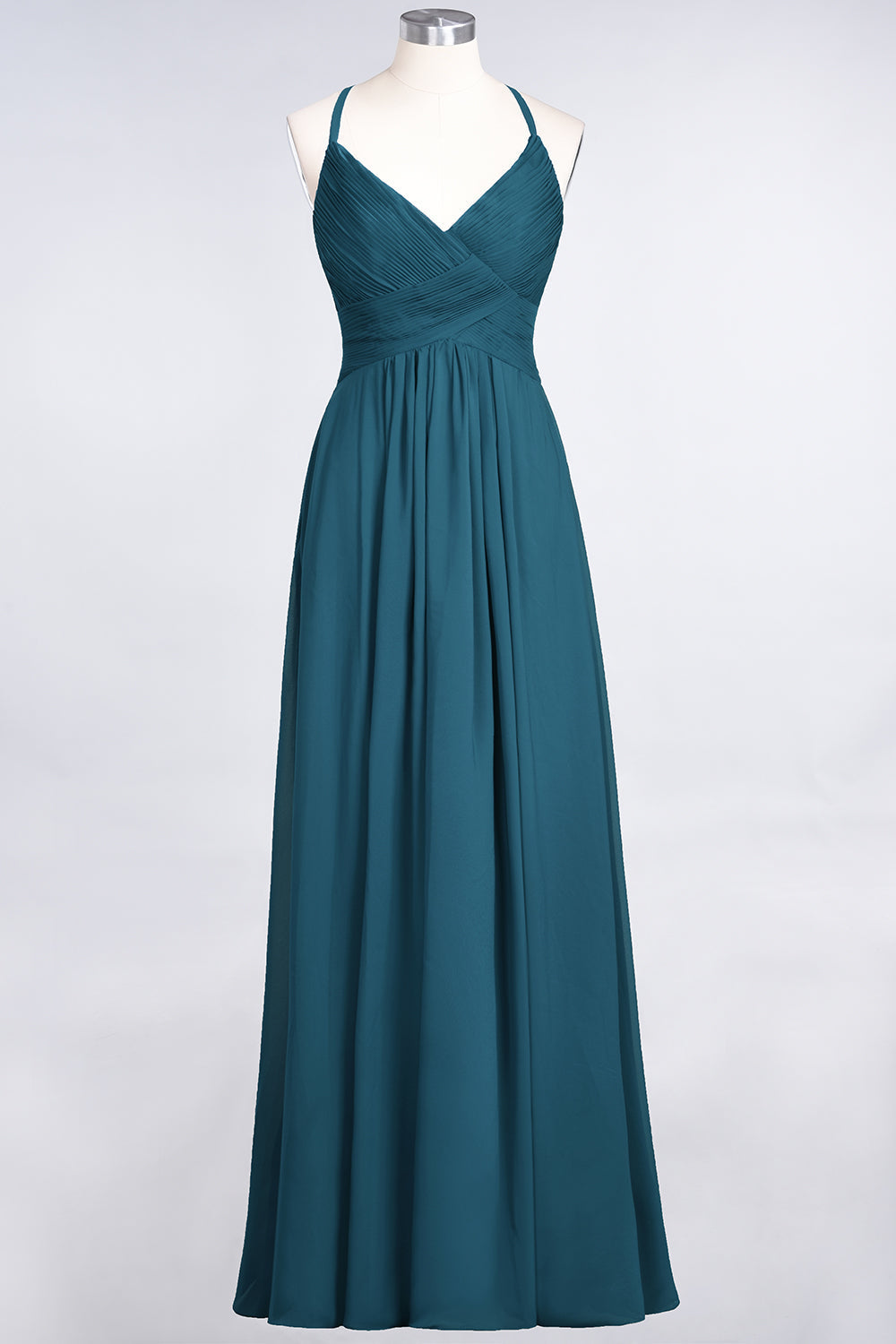Affordable Chiffon Ruffle V-Neck Bridesmaid Dress with Spaghetti Straps-Babyonlines