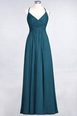 Affordable Chiffon Ruffle V-Neck Bridesmaid Dress with Spaghetti Straps-Babyonlines