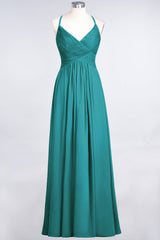Affordable Chiffon Ruffle V-Neck Bridesmaid Dress with Spaghetti Straps-Babyonlines