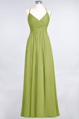 Affordable Chiffon Ruffle V-Neck Bridesmaid Dress with Spaghetti Straps-Babyonlines