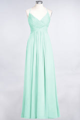 Affordable Chiffon Ruffle V-Neck Bridesmaid Dress with Spaghetti Straps-Babyonlines