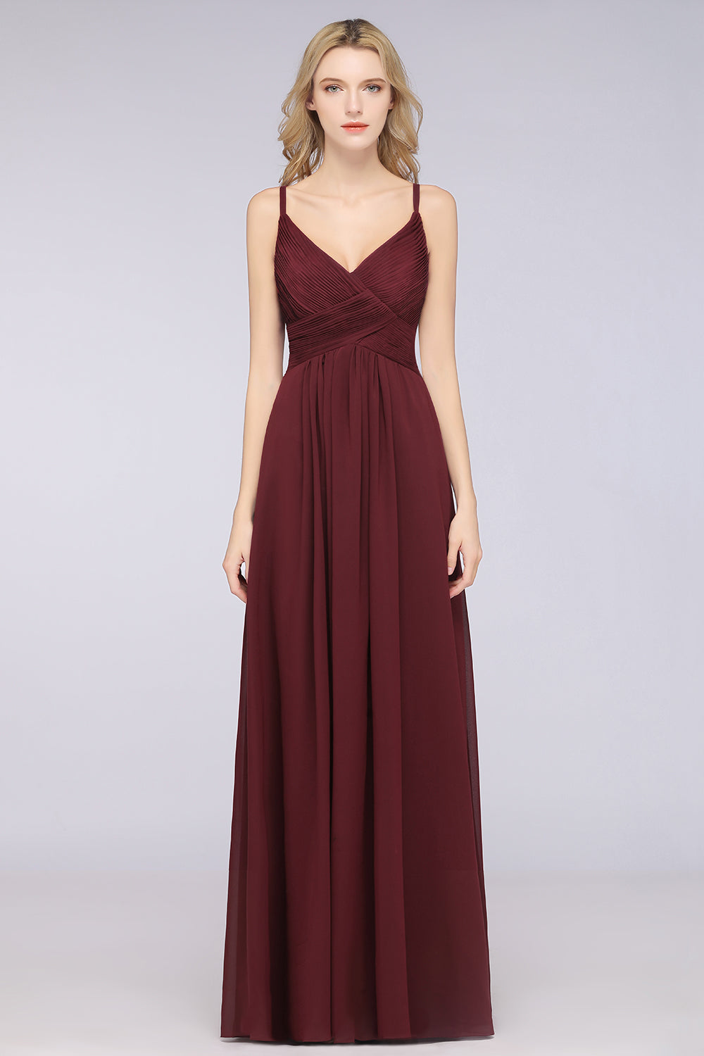 Affordable Chiffon Ruffle V-Neck Bridesmaid Dress with Spaghetti Straps-Babyonlines