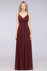 Affordable Chiffon Ruffle V-Neck Bridesmaid Dress with Spaghetti Straps-Babyonlines