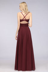 Affordable Chiffon Ruffle V-Neck Bridesmaid Dress with Spaghetti Straps-Babyonlines