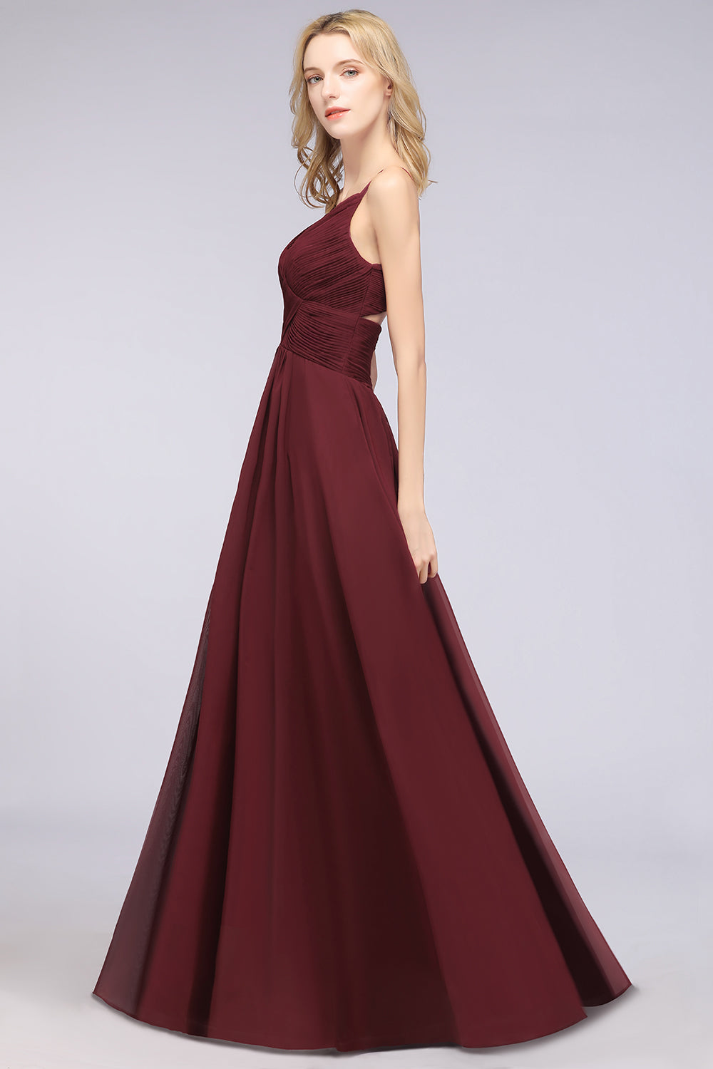 Affordable Chiffon Ruffle V-Neck Bridesmaid Dress with Spaghetti Straps-Babyonlines