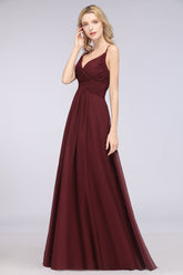 Affordable Chiffon Ruffle V-Neck Bridesmaid Dress with Spaghetti Straps-Babyonlines