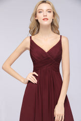 Affordable Chiffon Ruffle V-Neck Bridesmaid Dress with Spaghetti Straps-Babyonlines